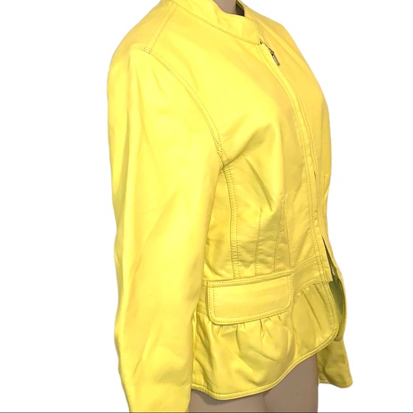 INC Peplum Ruffled Faux Leather Pocketed Cropped Bold Yellow Zip Up Jacket - Picture 2 of 8